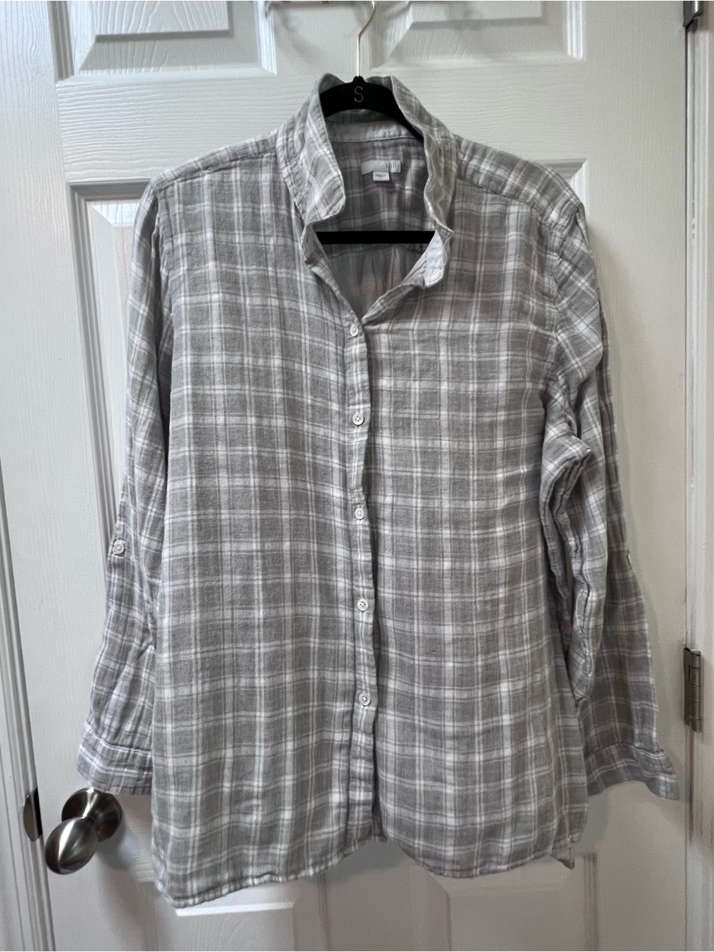 J. Jill Gauzy Soft Cotton Plaid Button Down Roll Sleeve White Gray Size XL